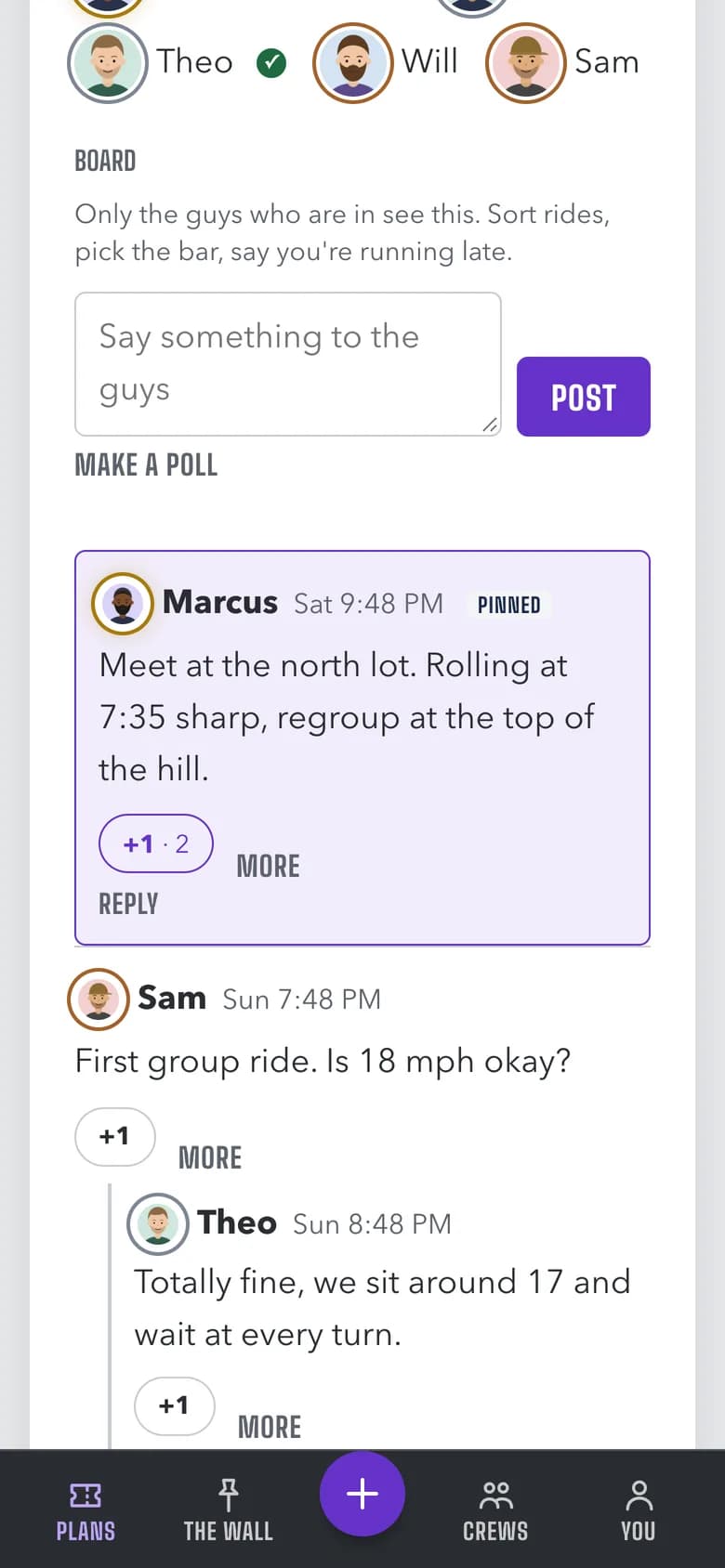 The board on a ride plan: a pinned post from the host about where to meet, a question about the pace, and a reply saying they regroup at the top of the hill.