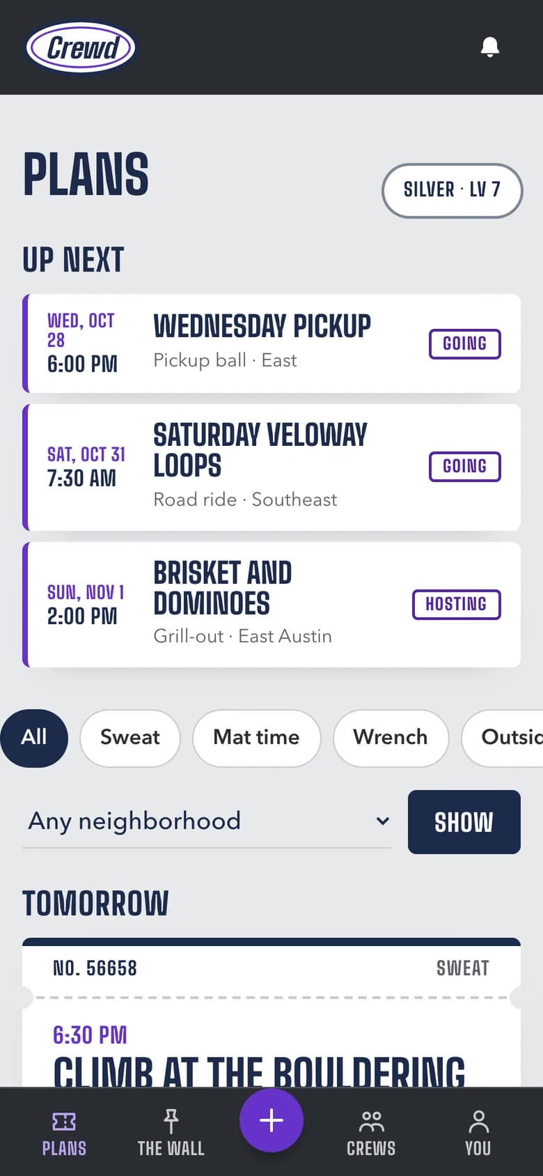 The Plans screen in Austin: a Wednesday pickup game, Saturday loops at the Veloway and a brisket grill-out coming up, with plans for tomorrow below.