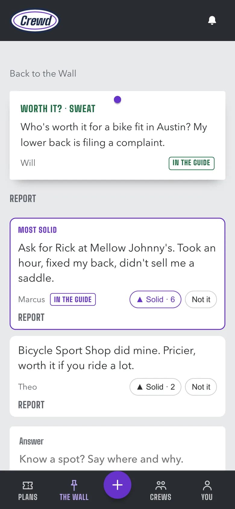 A post on the Wall asking where to get a bike fit in Austin, with the most solid answer on top, marked In the guide.